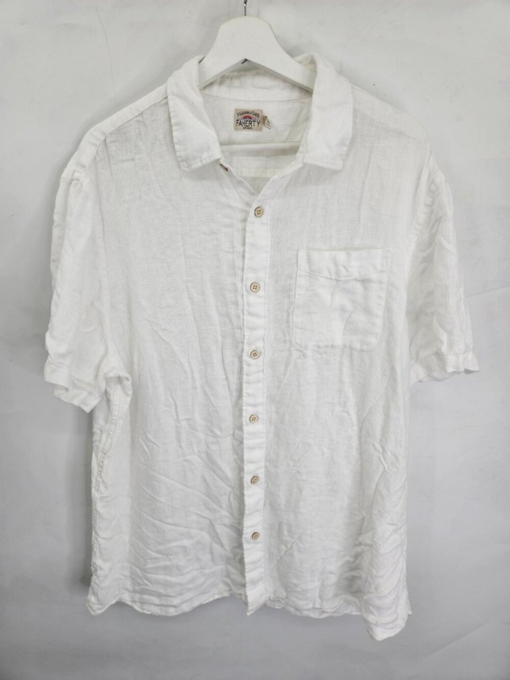 Faherty Palma Linen Shirt XLarge White Short Sleeve Button Up Camp Casual Preppy